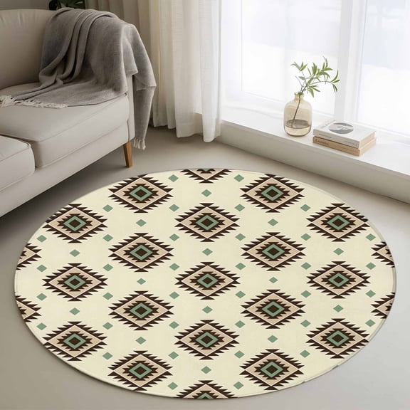 Bohemian Diamond Pattern Round Rugs for Living Room 3ft Boho Tribal Farmhouse Brown Ethnic Motifs Plaid Non Slip Circle Rug Washable Low-Profile Indoor Carpet for Bedroom, Dining Room, Bathroom