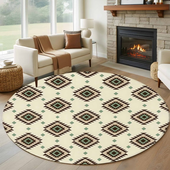 Bohemian Diamond Pattern Round Rugs for Living Room 7ft Boho Tribal Farmhouse Brown Ethnic Motifs Plaid Non Slip Circle Rug Washable Low-Profile Indoor Carpet for Bedroom, Dining Room, Bathroom