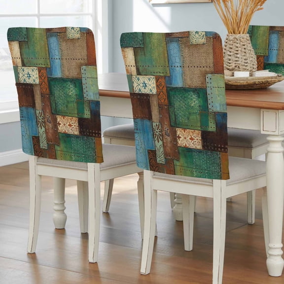 Bohemian Dining Chair Back Cover Only, Modern Mottled Art Prints Geometric Plaid Patchwork Set of 4 Chair Back Covers, Removable Washable for Dining Room, Banquet & Holiday Decoration