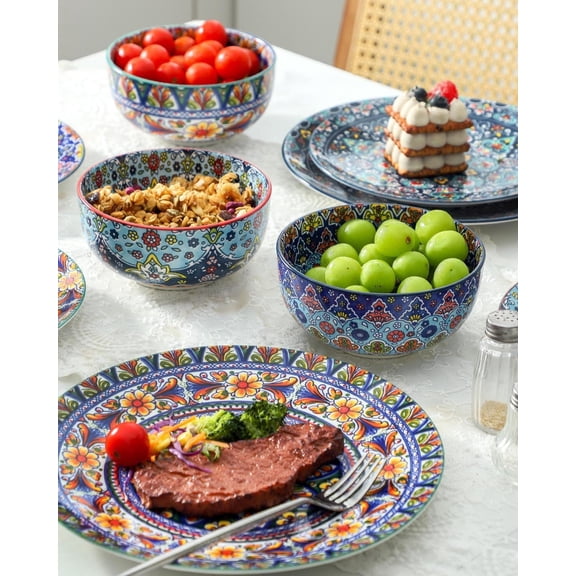 Bohemian Dinnerware Set for 4, 12-Piece Ceramic Plates and Bowls with Artistic Patterns