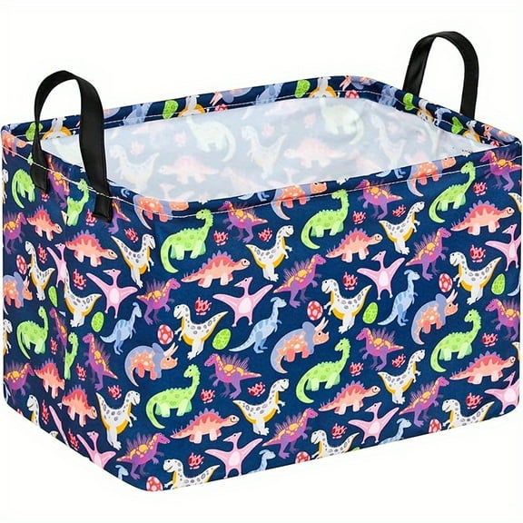 Bohemian Dinosaur Storage Basket with Handles - Vibrant Dino Print Laundry Hamper & Toy Organizer, Durable Polyester Multi-Purpose Rectangular Bin for Kids' Room Decor,  Shelf Baskets