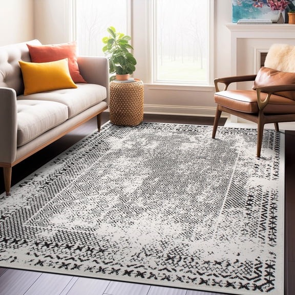 World Rug Gallery Bohemian Distressed Border Area Rug - Black 7'10" x 10'