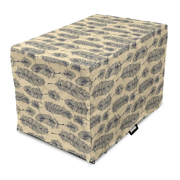 Bohemian Dog Crate Cover, Hand Drawn Feathers with Swirls and Ornate Details, Easy to Use Pet Kennel Cover Small Dogs Puppies Kittens, 7 Sizes, Dark Blue Grey Champagne, by Ambesonne
