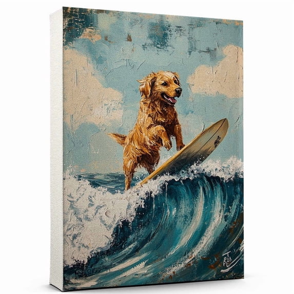 Bohemian Dog Playing Surfboard Stretched Canvas Size 8x12 – Sports Dog, Perfect for Animal Lovers, Bohemian Dog Canvas, Surfboard Canvas Size Wall Art