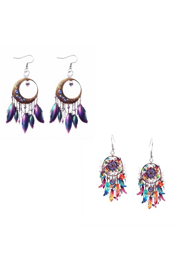 Bohemian Dream Catcher Acrylic Dangle Earrings, Colorful Feather Tassel Drop Earrings, Lightweight Skin Friendly Hook Earrings, Unique Jewelry Style, Festival Beach Vacation Casual Outfit Accessories
