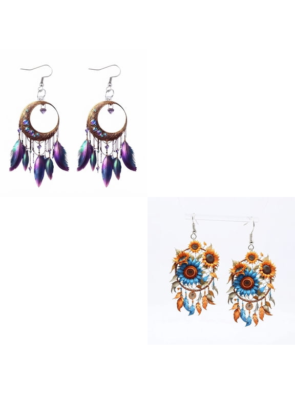 Bohemian Dream Catcher Acrylic Dangle Earrings, Colorful Feather Tassel Drop Earrings, Lightweight Skin Friendly Hook Earrings, Unique Jewelry Style, Festival Beach Vacation Casual Outfit Accessories