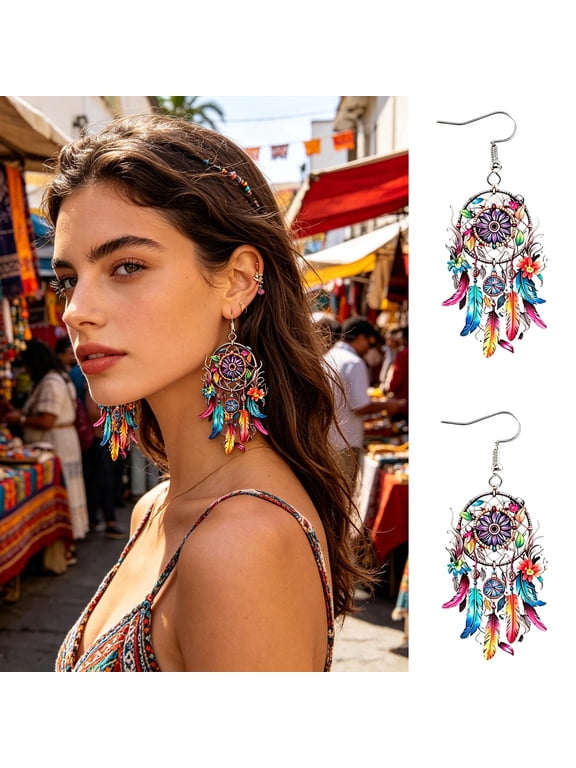 Bohemian Dreamcatcher Feather Earrings, Colorful Sunflower & Moon Drop Dangles, Lightweight Ethnic Style for Women