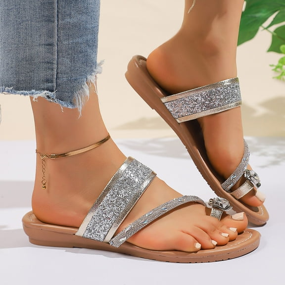 Bohemian Dress Sandals Womens Casual Flats Sandals Comfortable Ankle Strap Summer Boho Thong Sandals Silver 7.5