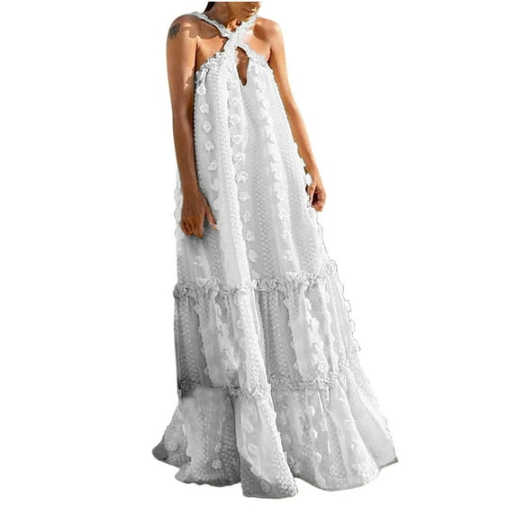 Bohemian Dress Womens Off Shoulder Long Dress Floral Swiss Dot Decor Crossover Halter Ruffle Tiered Party Maxi Dress