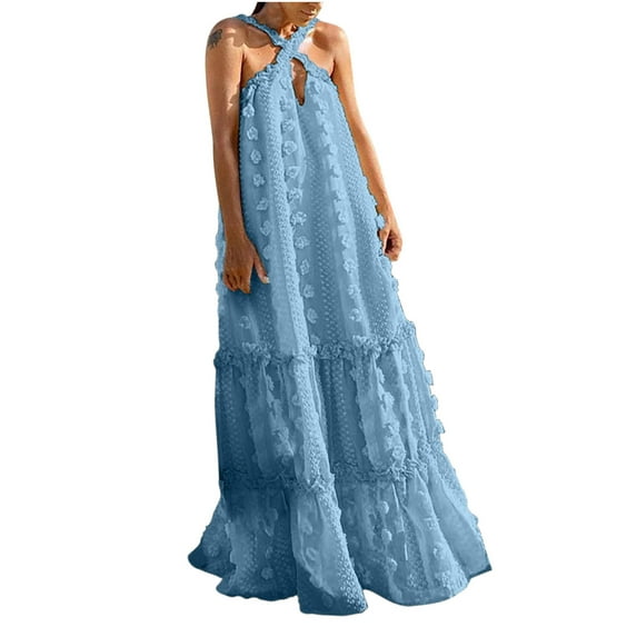 Bohemian Dress Womens Off Shoulder Long Dress Floral Swiss Dot Decor Crossover Halter Ruffle Tiered Party Maxi Dress