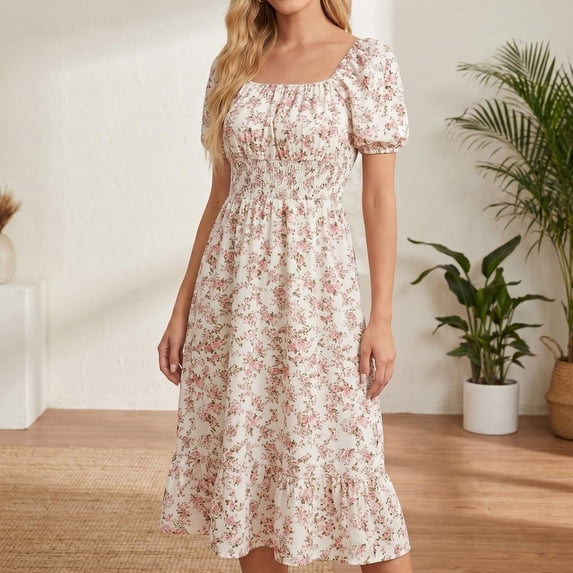 Bohemian Dress for Women Square Neck Short Puff Sleeve Floral Dresses Causal Beach Vacation Loose Sundress, L