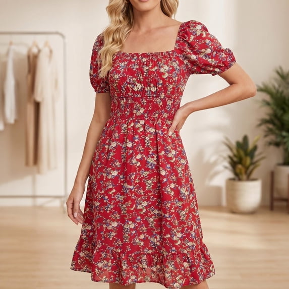 Bohemian Dress for Women Square Neck Short Puff Sleeve Floral Dresses Causal Beach Vacation Loose Sundress, XL