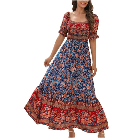 Bohemian Dress for Women Vintage Floral Print Long Dress Elastic Waist Square Neck Dress Ruffle Hem Flowy a Line Dress