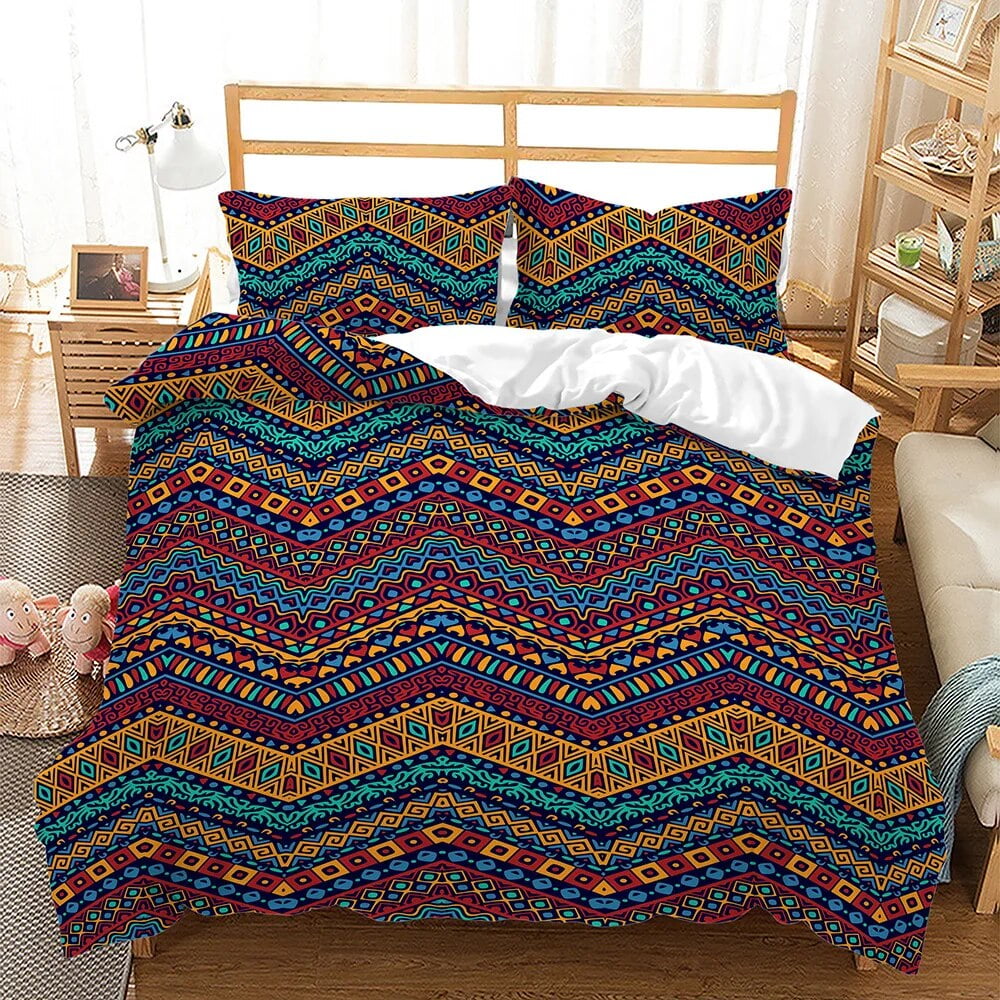 Bohemian Duvet Cover Set 3 Pieces Trellis Striped Ethnic Boho Vintage