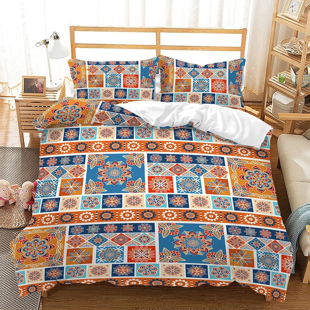 Bohemian Duvet Cover Set 3 Pieces Trellis Striped Ethnic Boho Vintage