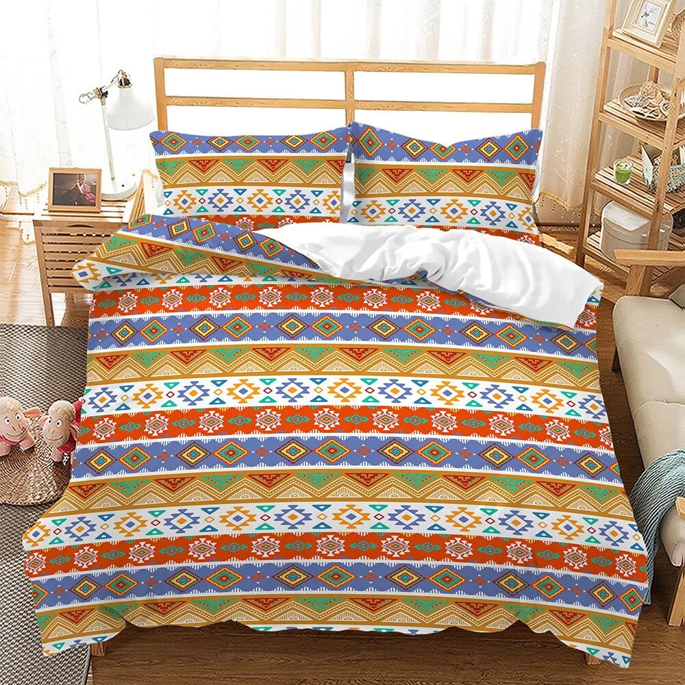 Bohemian Duvet Cover Set 3 Pieces Trellis Striped Ethnic Boho Vintage