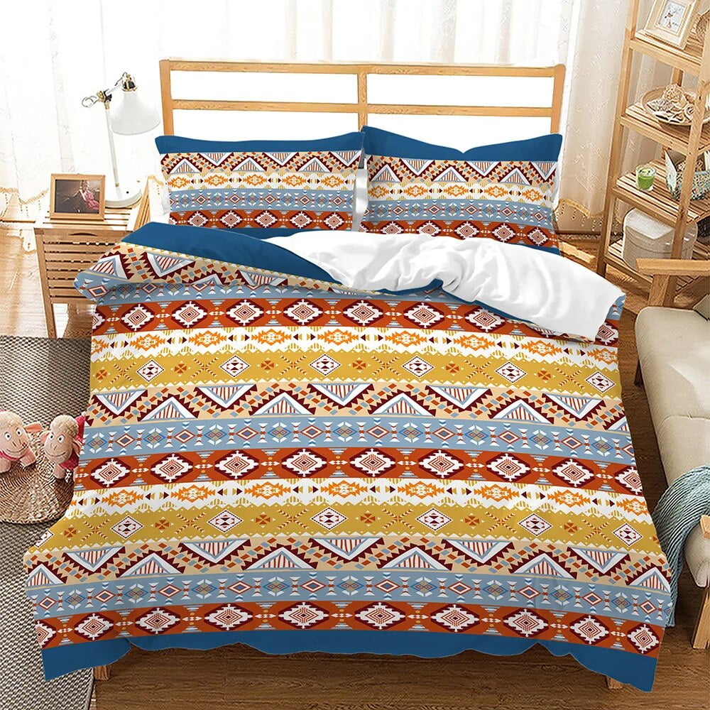 Bohemian Duvet Cover Set 3 Pieces Trellis Striped Ethnic Boho Vintage