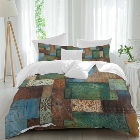 Bohemian Duvet Cover Set California King Size, Modern Mottled Art Prints Geometric Plaid Patchwork 4 Piece Bedding Set with Zipper Closure & Corner Ties Soft Breathable Comforter Cover for Bedroom