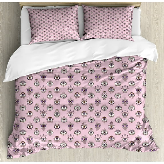 Bohemian Duvet Cover Set, Ethnic Eyes Pattern Tattoo Style Bad Eye Traditional Occult Hand Drawn, Decorative 3 Piece Bedding Set with 2 Pillow Shams, King Size, Pale Pink and White, by Ambesonne