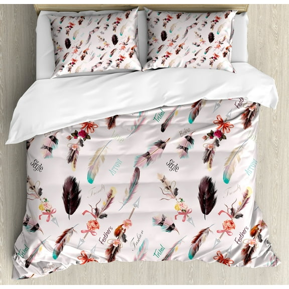 Bohemian Duvet Cover Set, Fashion Illustration Feathers with Floral Details and Ribbons Vintage Style, Decorative 3 Piece Bedding Set with 2 Pillow Shams, King Size, Multicolor, by Ambesonne