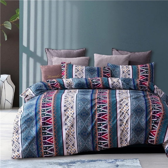 Bohemian Duvet Cover Set King Boho Blue Soft Breathable Comforter Cover Set Durable Geometric 3 Pieces with Zipper Closure and Corner Ties 104"x90" Bedding Set
