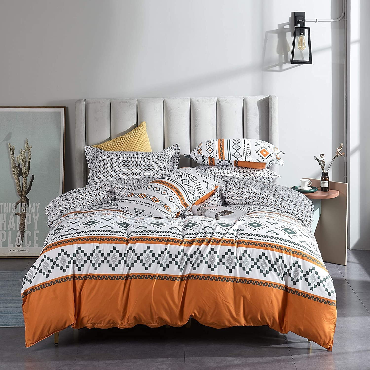 Bohemian Duvet Cover Set Queen Boho Orange and White Geometric Comforter Cover Set Full 90"x90" Soft Breathable Durable Geometrical with Zipper Closure and Corner Ties 3 Pieces Bedding Set