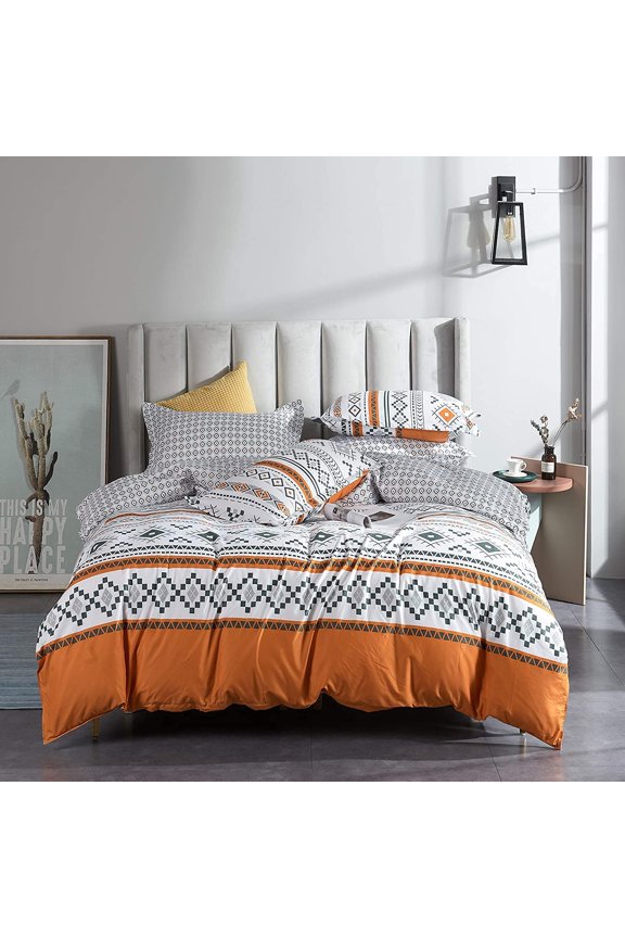 Bohemian Duvet Cover Set Queen Boho Orange and White Geometric Comforter Cover Set Full 90"x90" Soft Breathable Durable Geometrical with Zipper Closure and Corner Ties 3 Pieces Bedding Set