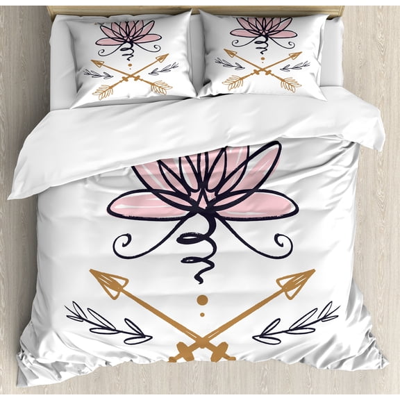 Bohemian Duvet Cover Set, Sketchy Drawn Image of Lotus Flower with Arrows Harmony Art, Decorative 3 Piece Bedding Set with 2 Pillow Shams, Calking Size, Rose Dark Blue Grey, by Ambesonne