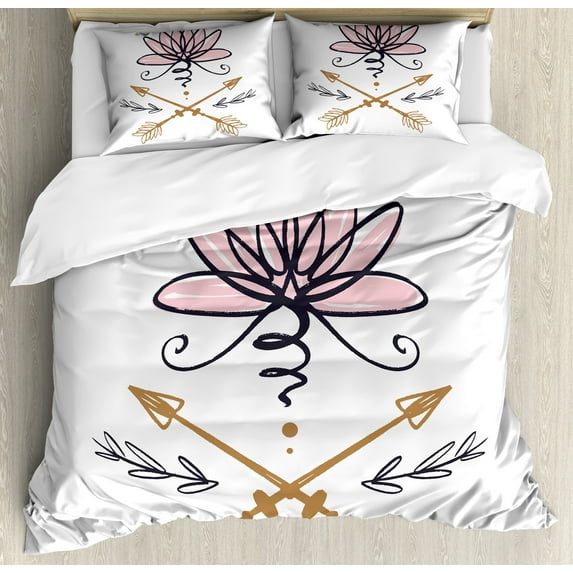 Bohemian Duvet Cover Set, Sketchy Drawn Image of Lotus Flower with Arrows Harmony Art, Decorative 3 Piece Bedding Set with 2 Pillow Shams, King Size, Rose Dark Blue Grey, by Ambesonne