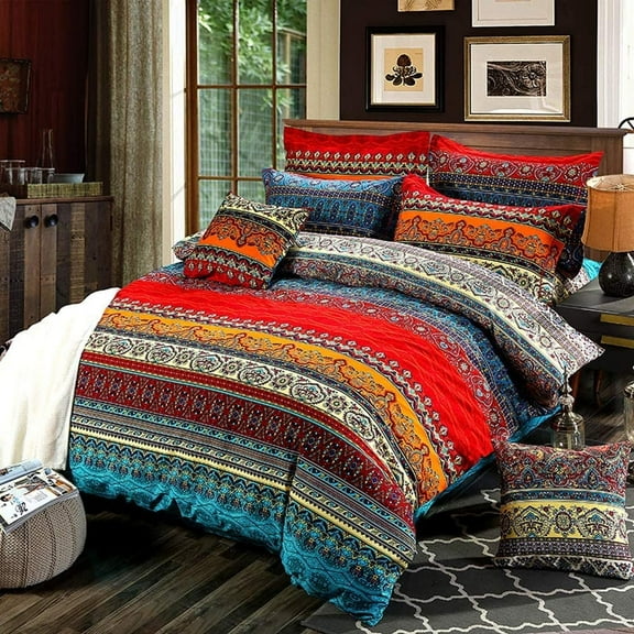Bohemian Duvet Cover Set Twin Colorful Floral Boho Striped Bedding Set Ultra Soft Microfiber Double Duvet Cover Southwestern Indian Tribal Reversible Bedding Exotic Style Decor Boho Comforter Cover