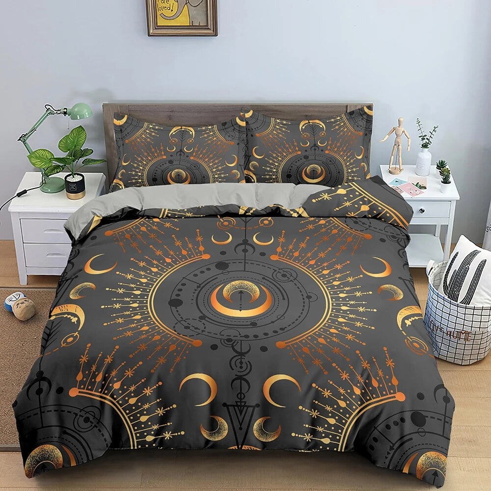 Bohemian Duvet Cover Set Universe Sun and Moon Themed Polyester Comforter Cover King Full Size