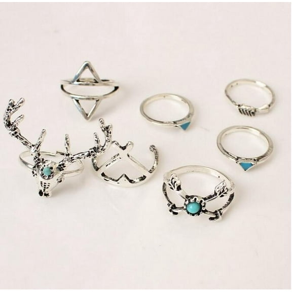 Womens Bohemian Rings Set with Elk Head Triangle Turquoise Arrow Joint Fashion Jewelry Alloy 7 Piece Gift