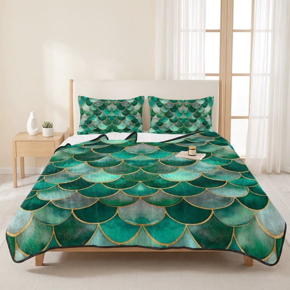 Bohemian Emerald Green Fish Scales 3 Pieces Quilt Set,1 Quilt with 2 Shams,Retro Abstract Bedspread Soft Lightweight Bedding Coverlet Comforter Set for All Season 96"x106"
