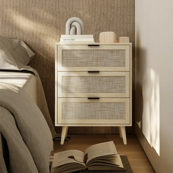 Bohemian End Table 3 Drawers Chest 4 Tapered Solid Wood Legs Rattan Nightstand Dressing Table Sofa Side Table Suitable for Bedroom, Living Room, Study Room