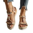 thumbnail image 1 of Bohemian Espadrilles for Women Braided Strappy Platform Wedge Sandals Open Toe T-Strap Beaded Slingback Heels Beige Size 7.5, 1 of 7