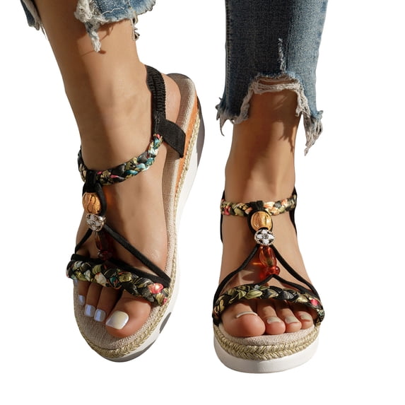 Bohemian Espadrilles for Women Braided Strappy Platform Wedge Sandals Open Toe T-Strap Beaded Slingback Heels Black Size 6.5