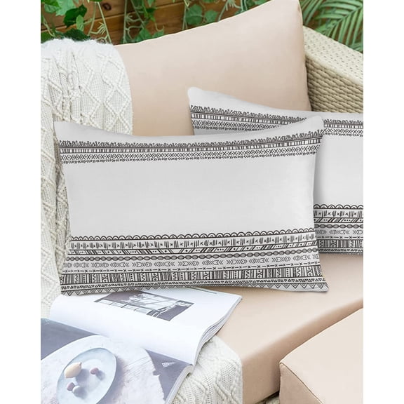 Bohemian Ethnic Arts Outdoor Pillow Covers Set of 2,Decorative Waterproof Throw Pillow Case,Minimal Black Lines Stripe and White Cotton Linen Soft Cozy Cushion Pillowcases