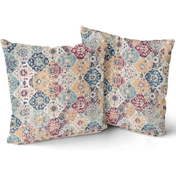 Bohemian Ethnic Boho Pillow Covers 16X16 Inch Teal Red Orange Blue Carpet Vintage Decorative Couch Pillow Cases with Zipper Set of 2 Home Decor for Living Room Bedroom Bed Cushion Outdoor