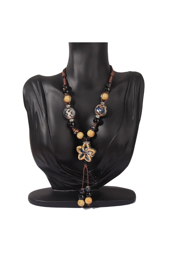 Bohemian Ethnic Ceramic Beaded Flower Pendant Necklace Women Sweater Chain Party Clavicle Jewelry