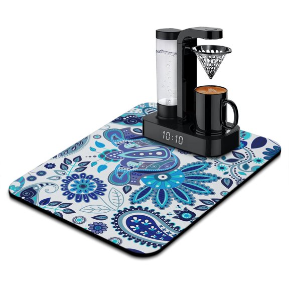 Bohemian Ethnic Dish Drying Mat, Colorful Geometric Paisley Pattern Absorbent Coffee Bar Mat, Artistic Kitchen Counter Protector