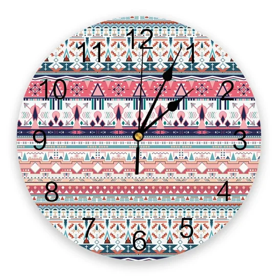 Bohemian Ethnic Pattern 3d Wall Clock Modern Design Farmhouse Decor Kitchen Vintage PVC Round Clock Living Room Decoration(14 Inch)