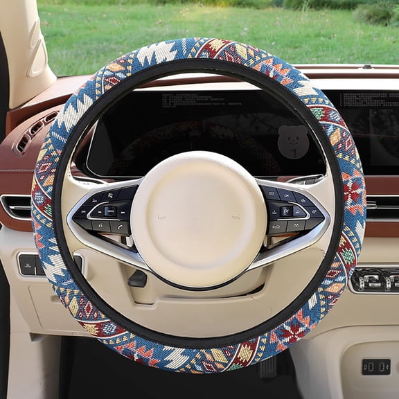 Bohemian Ethnic Pattern Steering Wheel Cover, 14.5-15 Inch Universal Fit, Non-Slip Breathable Linen Cloth Car Wheel Protector, Boho Style Auto Interior Accessory for Women Men