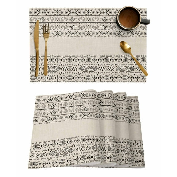 Bohemian Ethnic Placemats Set of 1 Brown Black Lines Linen Texture Heat Insulation Washable Place Mats, Rustic Non-Slip Table Mats for Dining Table Party Kitchen Decor,13x19 Inch