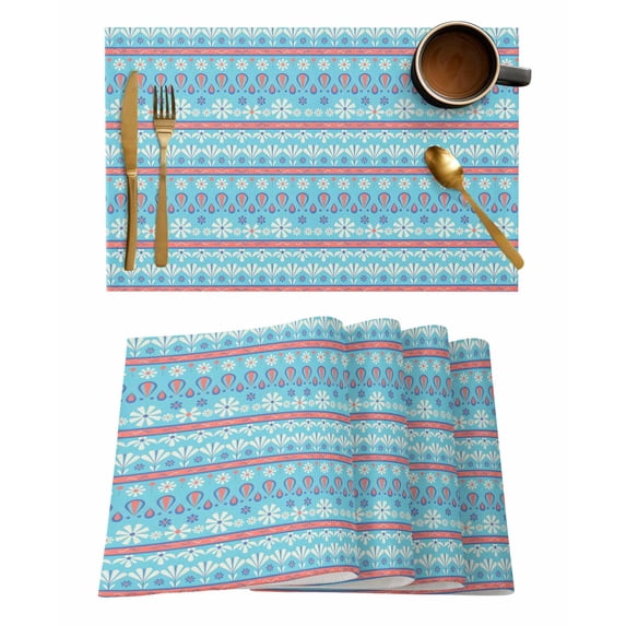 Bohemian Ethnic Placemats Set of 8 Red Blue Floral Lines Linen Texture Heat Insulation Washable Place Mats, Rustic Non-Slip Table Mats for Dining Table Party Kitchen Decor,13x19 Inch