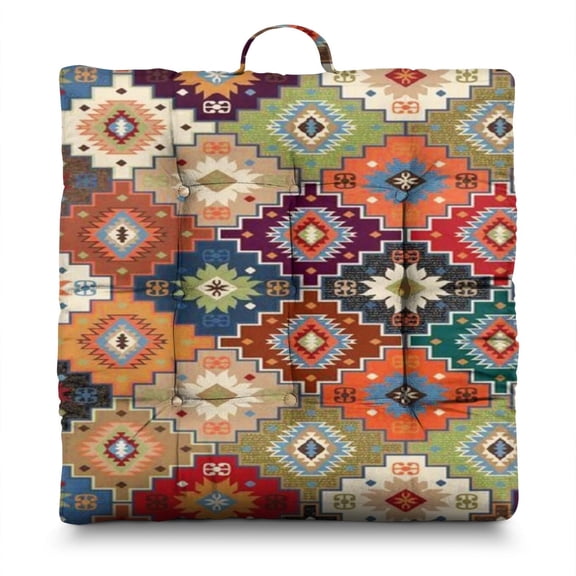 Bohemian Ethnic Rustic 24" Oversized Zabuton Floor Cushion - Colorful Hippie Exotic Meditation Seat with 9-Point Stitching, Earthy Tribal Style for Home Decor & Relaxation