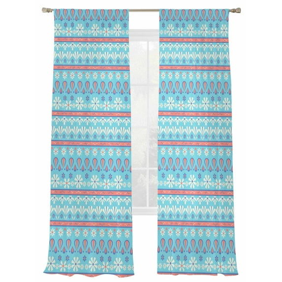 Bohemian Ethnic Sheer Curtains 108 Inch Long 2 Panels, Red Blue Floral Lines Linen Texture Light Filtering Rod Pocket Semi Sheer Curtains, Sheer Voile Drapes for Living Room Bedroom, 52"x108"