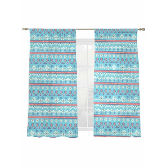 Bohemian Ethnic Sheer Curtains 63 Inch Long 2 Panels, Red Blue Floral Lines Linen Texture Light Filtering Rod Pocket Semi Sheer Curtains, Sheer Voile Drapes for Living Room Bedroom, 52"x63"