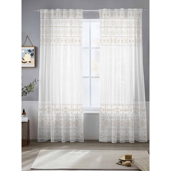 Bohemian Ethnic Sheer Curtains 96 Inches Long 2 Panels Brown Lines Linen Texture Light Filtering Semi Sheer Window Curtains Drapes for Bedroom Living Room 52"x96"