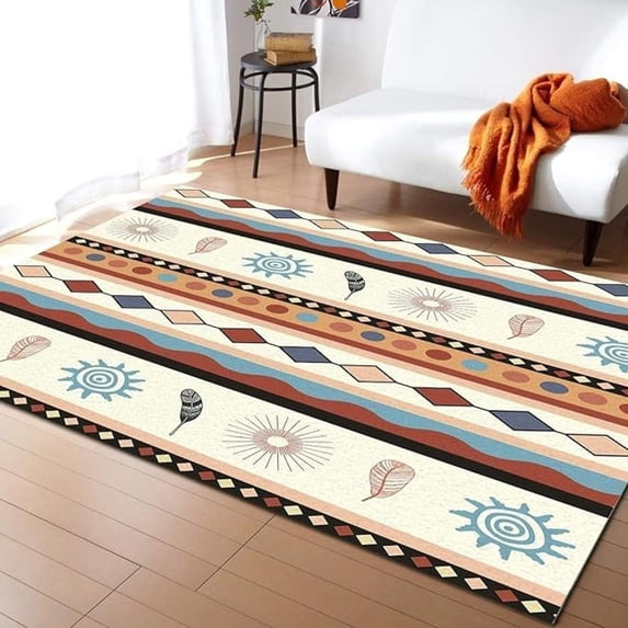 Bohemian Ethnic Style Area Rug, Medieval Geometry Special Symbol Sun Feather Print Rugs, For Room Sofa Living Room Mat Bedroom Home Decor Floor Mats 4x6ft