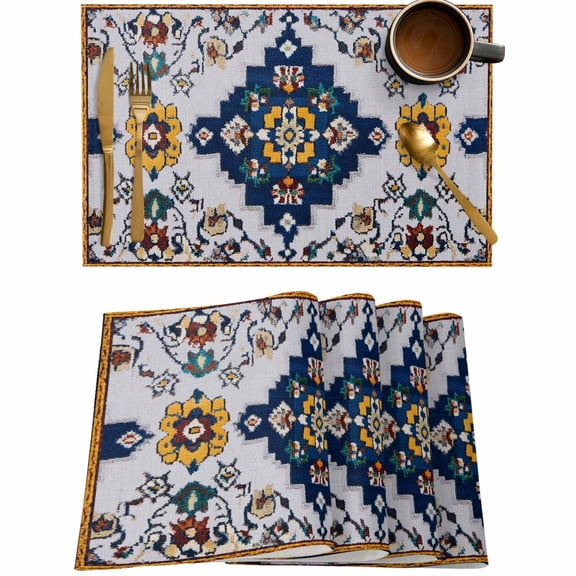 Bohemian Ethnic Style Placemats Set of 4,Wipeable Washable Table Mats for Dining Tables,Retro Gorgeous Flower Place Mats for Kitchen Event Party Tabletop Decor